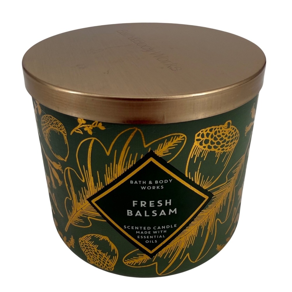 Bath & Body Works Fresh Balsam 3-Wick Scented Candle 14.5 oz Green Gold Lid